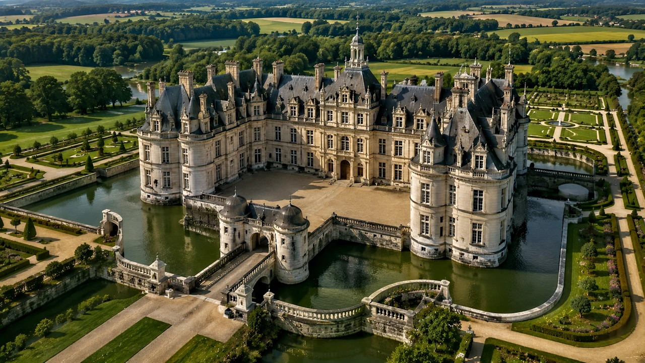 Château Renaissance avec grandes fenêtres, tours élégantes et jardins