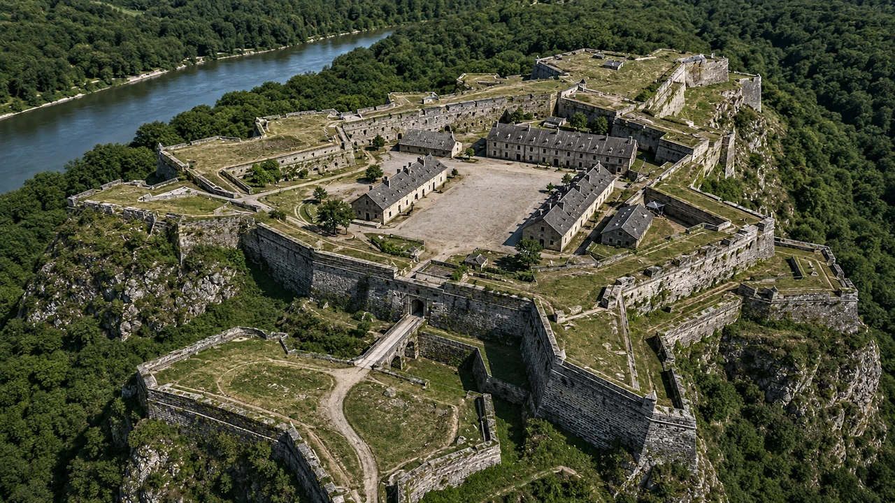 Fort bastionné de Vauban avec bastions, fossés, glacis et casernes militaires
