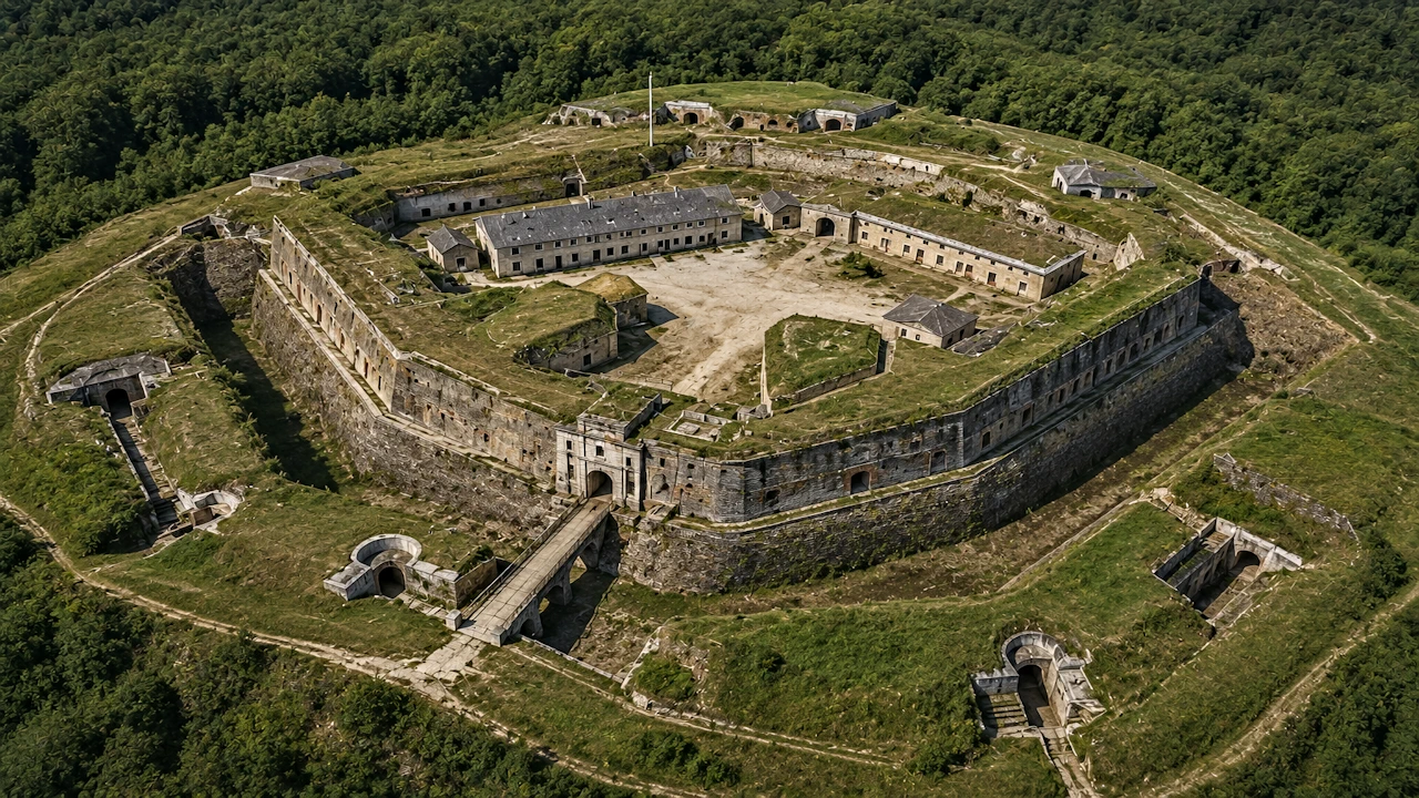 Fort Séré de Rivières semi-enterré avec fossés secs, casemates et talus de terre