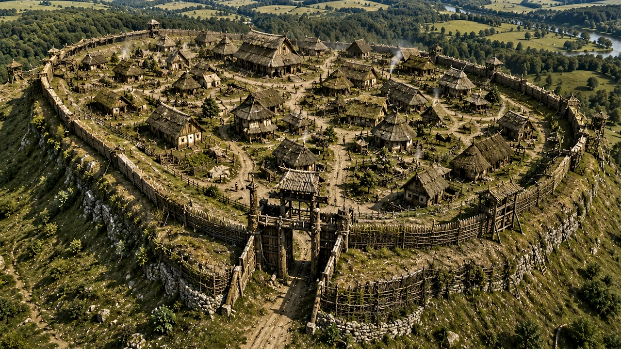 Fortifications antiques avec village fortifié, palissades, fossés et remparts
